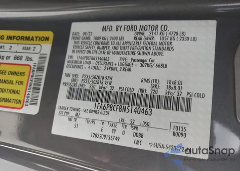 2022 Ford Mustang Gt Premium Fastback из США, поврежденный, VIN 1FA6P8CF8N5140463